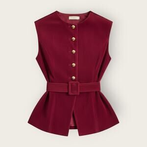 Commense Red Suede Belted Vest Gold Button Tailored Top NWT - XL Parisian Chic